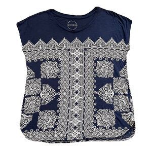 Lucky Brand Navy Blue Cotton Modal Vinbrant Scarf Print Scoop Neck T-Shirt Top L